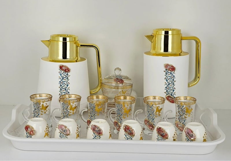 Damanhoor 22Pieces 2Pc Thermose 6Tea Cups With 6soucers 6Cawa Cup 1Tray 1Sugar Bowl For Home Gift - Image 1